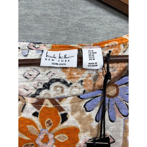 Nicole Miller Womens Shirt M Floral 100% Linen Top Boho Hippy Vacation Colorful - Picture 2 of 4
